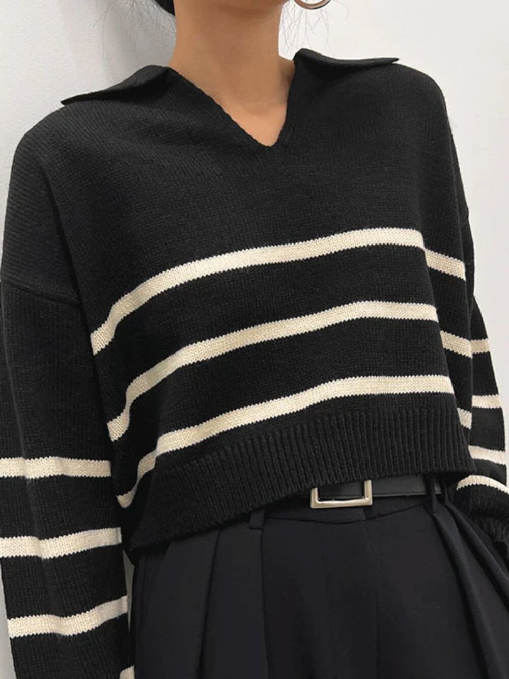 OAK + FORT Collared Stripe Sweater Womens Large Black Cream